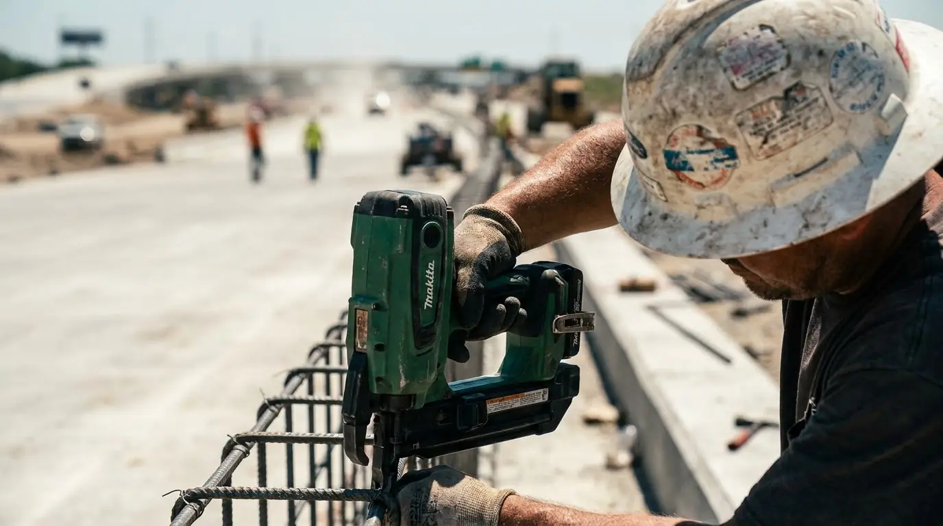 Construction worker using rebar tying machine